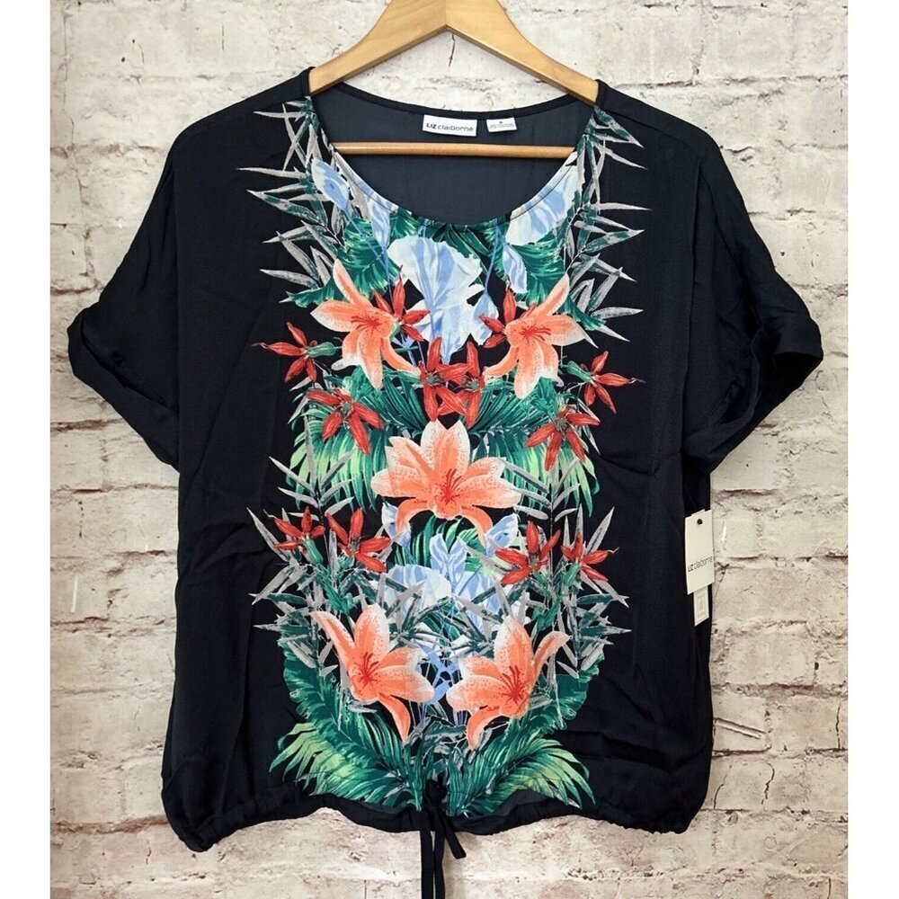 LIZ CLAIBORNE Womens Pullover Blouse Tie Front Navy Blue Tropical Size M NEW
